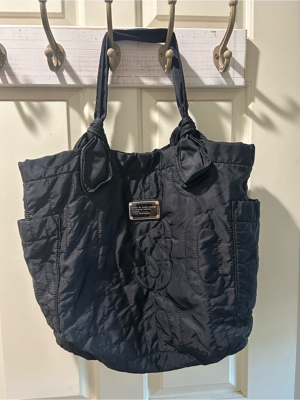 Quilted Nylon Black Tote Bag with Knot Handles by Marc Jacobs